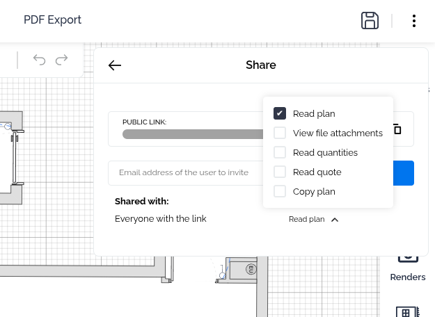 Share permissions dialog — set Everyone with the link to Read plan